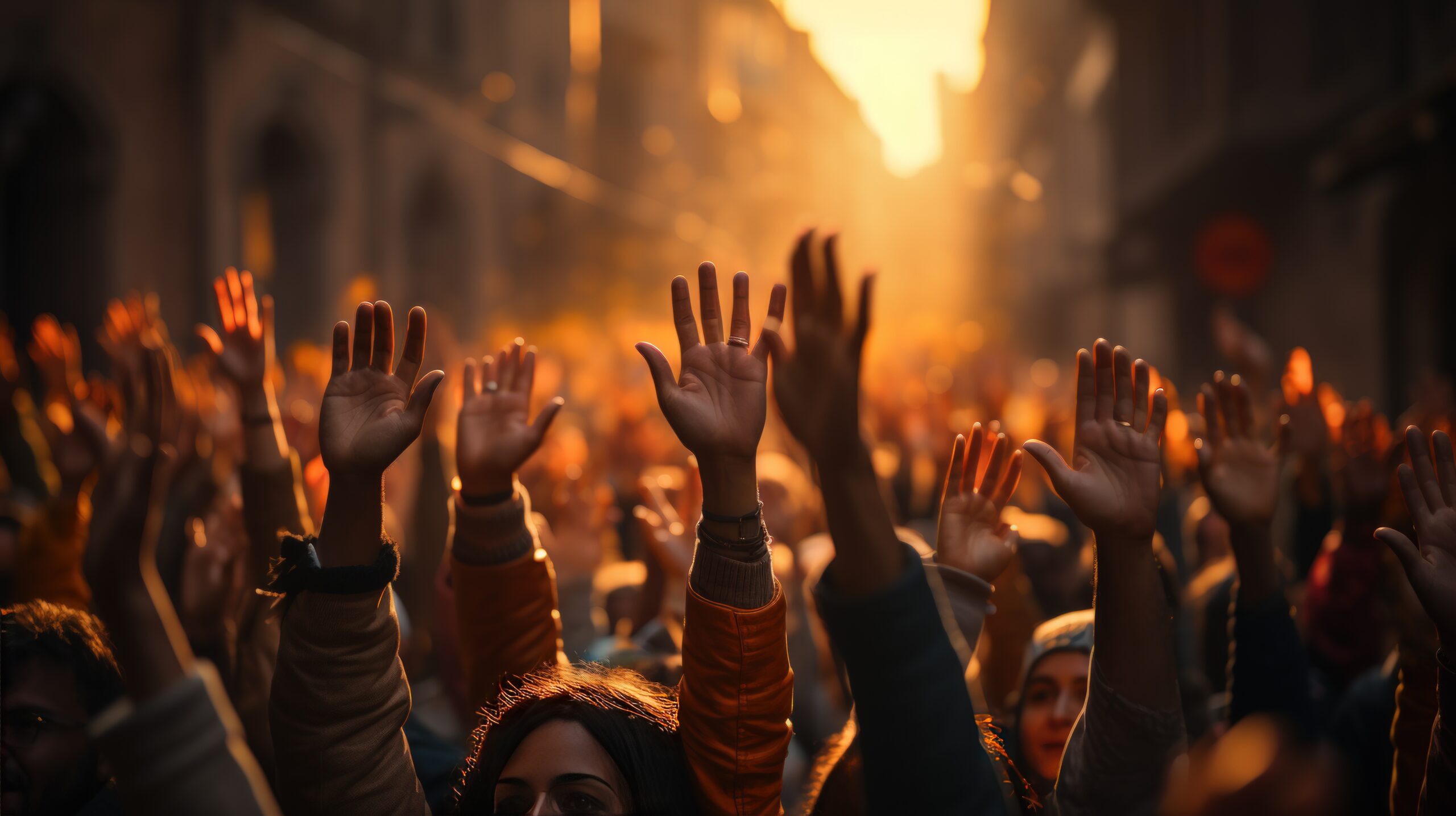 Crowd of people raising their hands in the air at a music festival